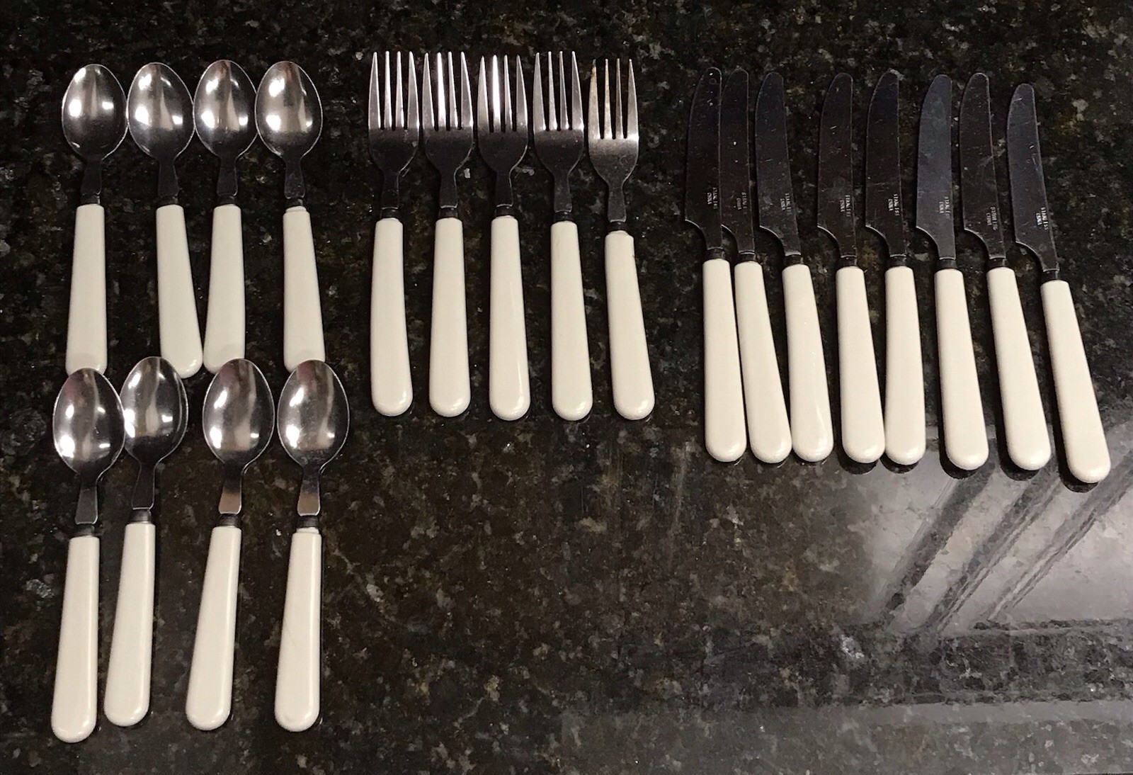 Vintage White Cream Plastic Handle Flatware Stainless Silverware 21 pc