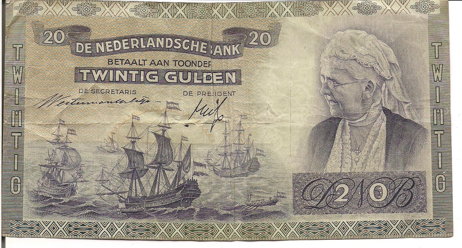 NETHERLANDS , 20 GULDEN, Queen Emma @ r, 1941