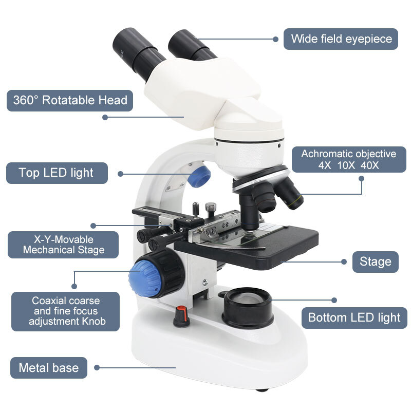 LED Binocular Microscope 2000X Lab Biological Microscope with Smartphone Clip