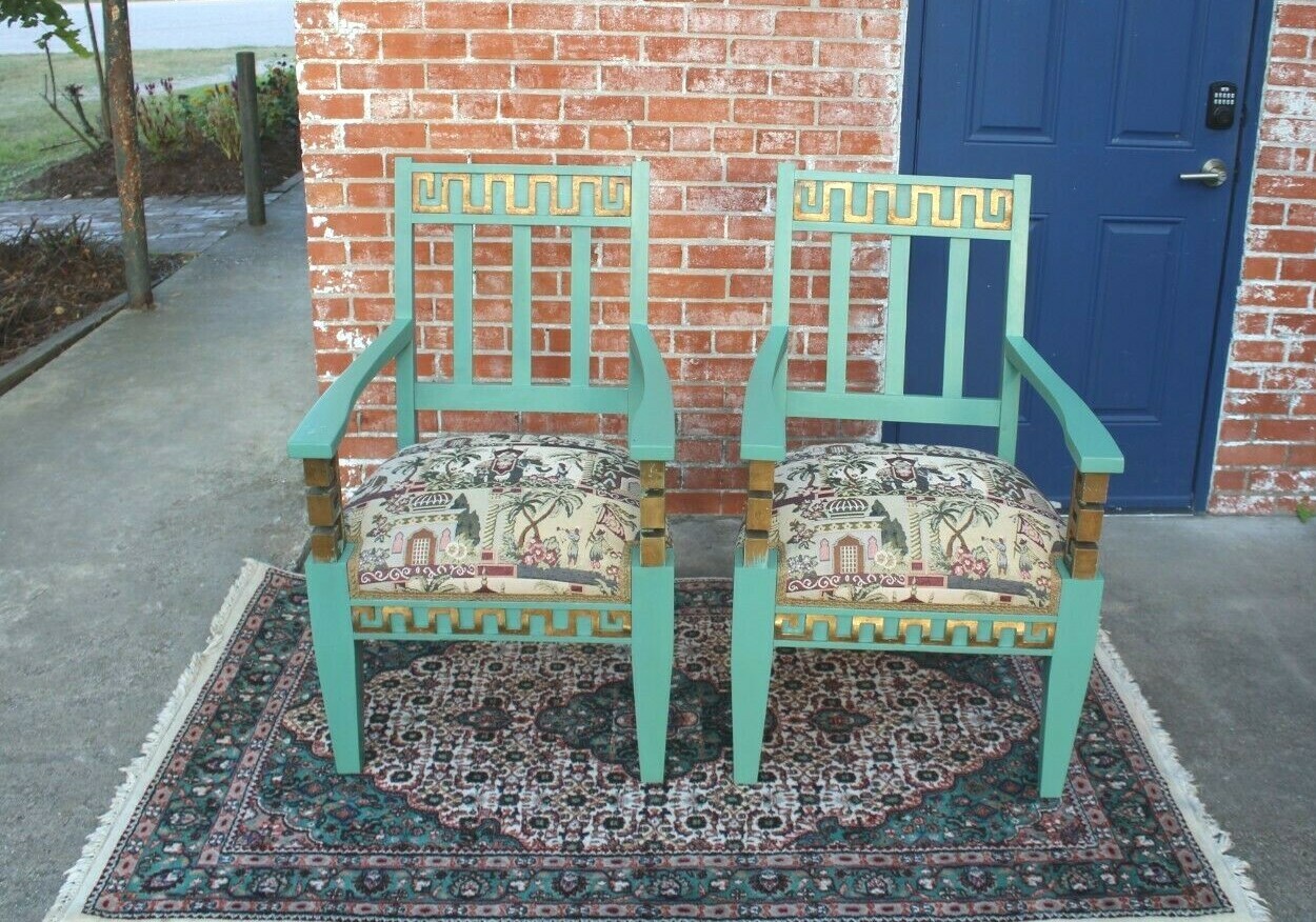 Set of 2 Vintage Greek Key Armchairs w/ Tapestry Seats & Painted Frames