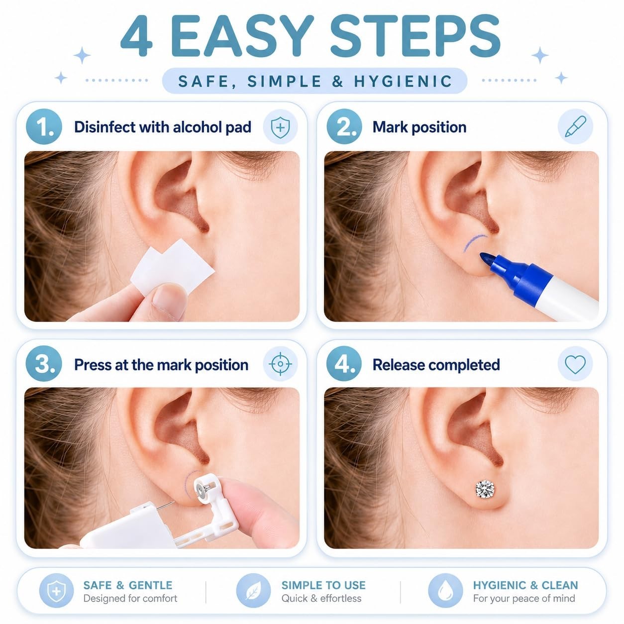 Complete Ear Piercing Kit - 2 Disposable Guns with 5MM CZ Studs & Accessories