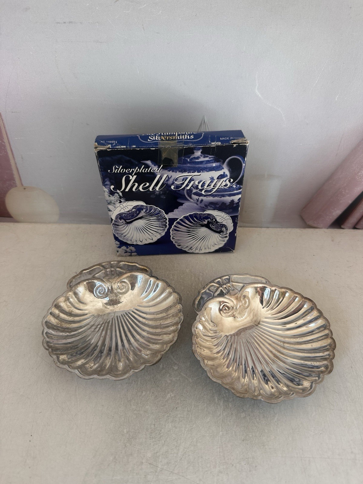 Silver Plated Shell Trays by Old Hampshire Silversmiths Lot of 2 Original Box