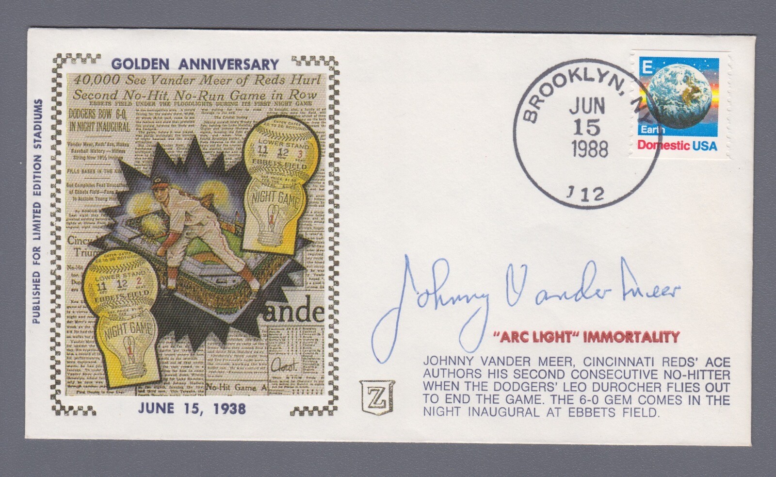 Johnny Vander Meer Signed FDC Cachet Envelope 6/15/88 w B&E Hologram