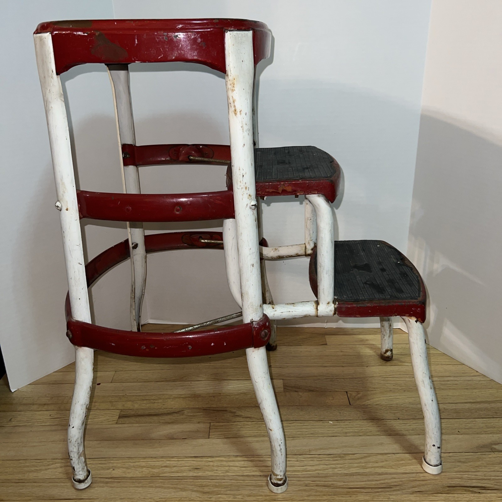 VTG Cosco Red Chippy Step Stool Farmhouse Rustic Kitchen Ladder Stool Cottage