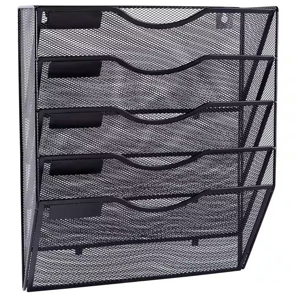 12.8 In. X 3.9 In. X 14.9 In. Black 5 Pocket Mesh Wall Mounted File Rack, Docume