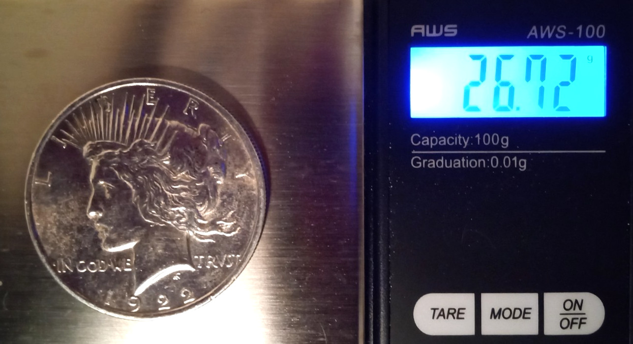 1922 Peace Dollar Coin - No mint mark - 90% Silver - 26.72 grams - Very Fine