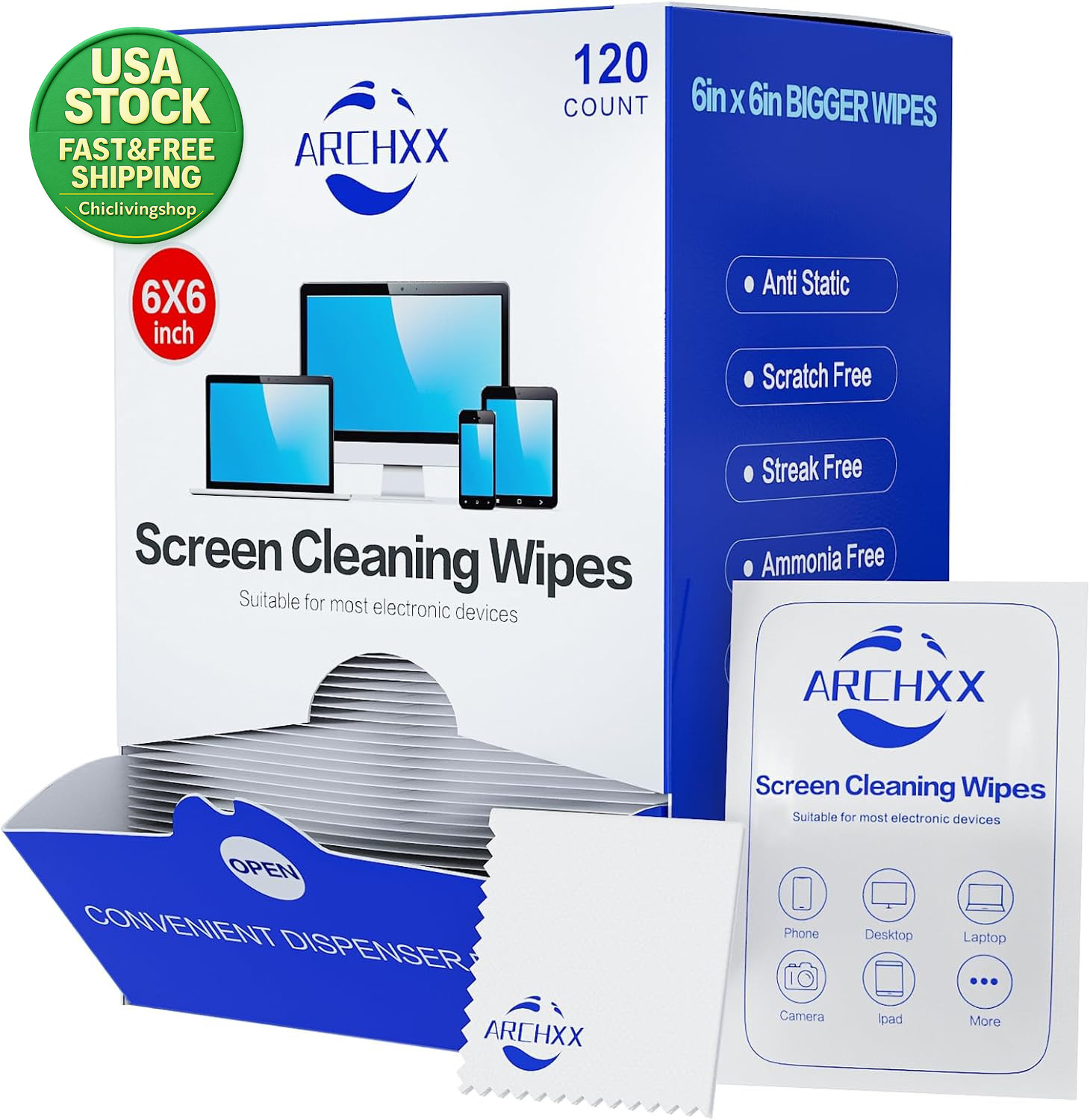 Screen Wipes for Electronics 120 Count 6X6 Pre-Moistened Cleaner