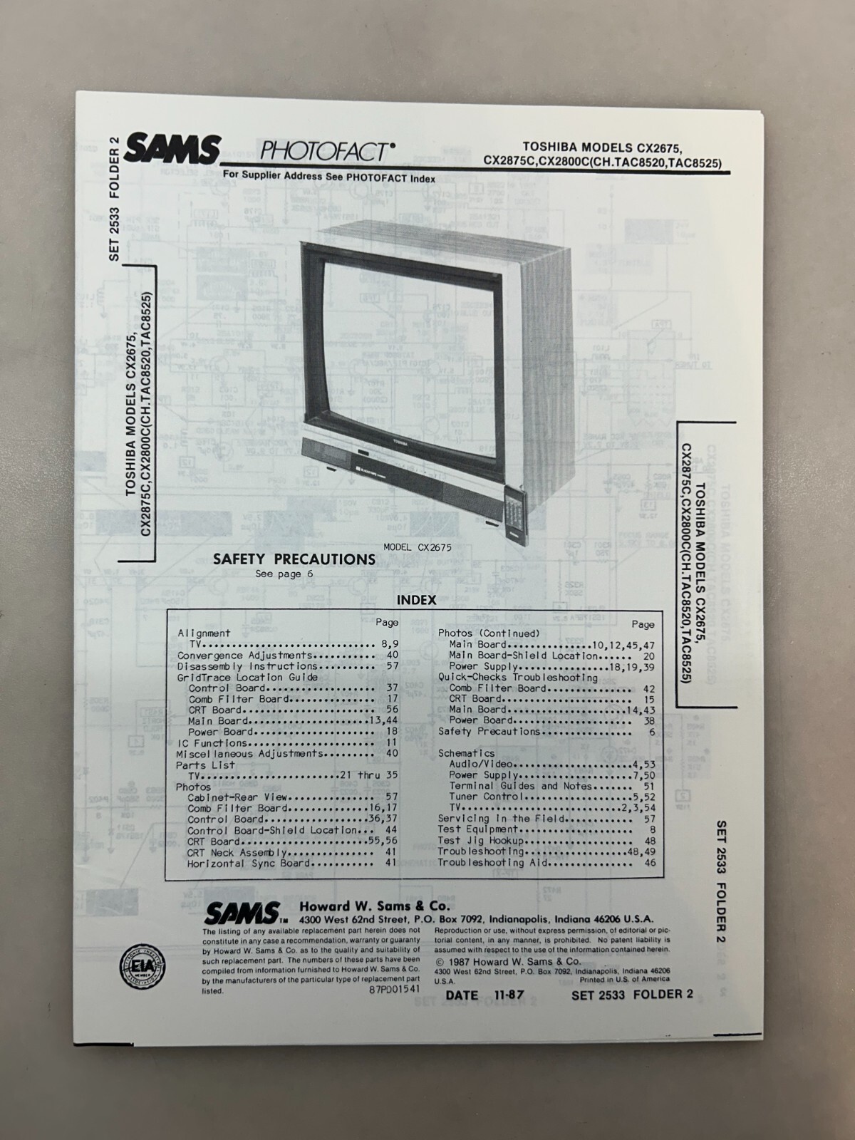 Toshiba CX2675 CX2875C CX2800C Service Manual Sams Photofact Free Shipping