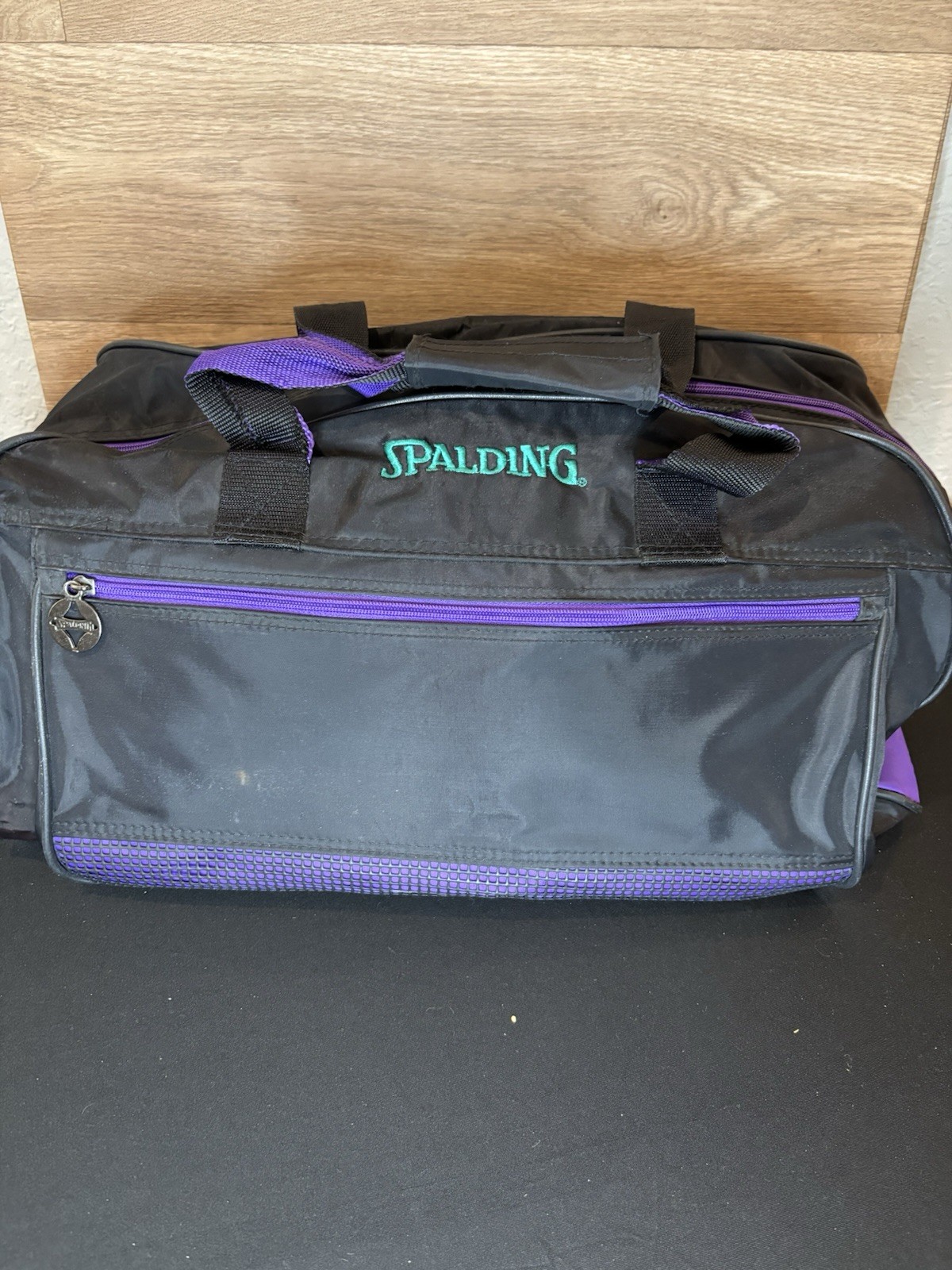 Vintage Spalding Nylon Zip Up Duffle Bag - Retro Black/Purple/Teal, 19x10x11