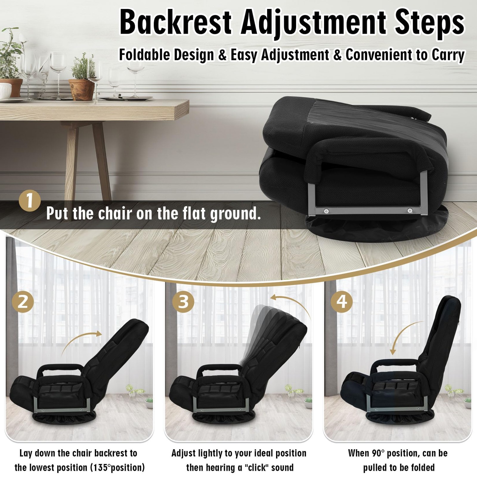Swivel Floor Gaming Chair W/armrests Folding Video Reclining Sofa W/6 Adjustable