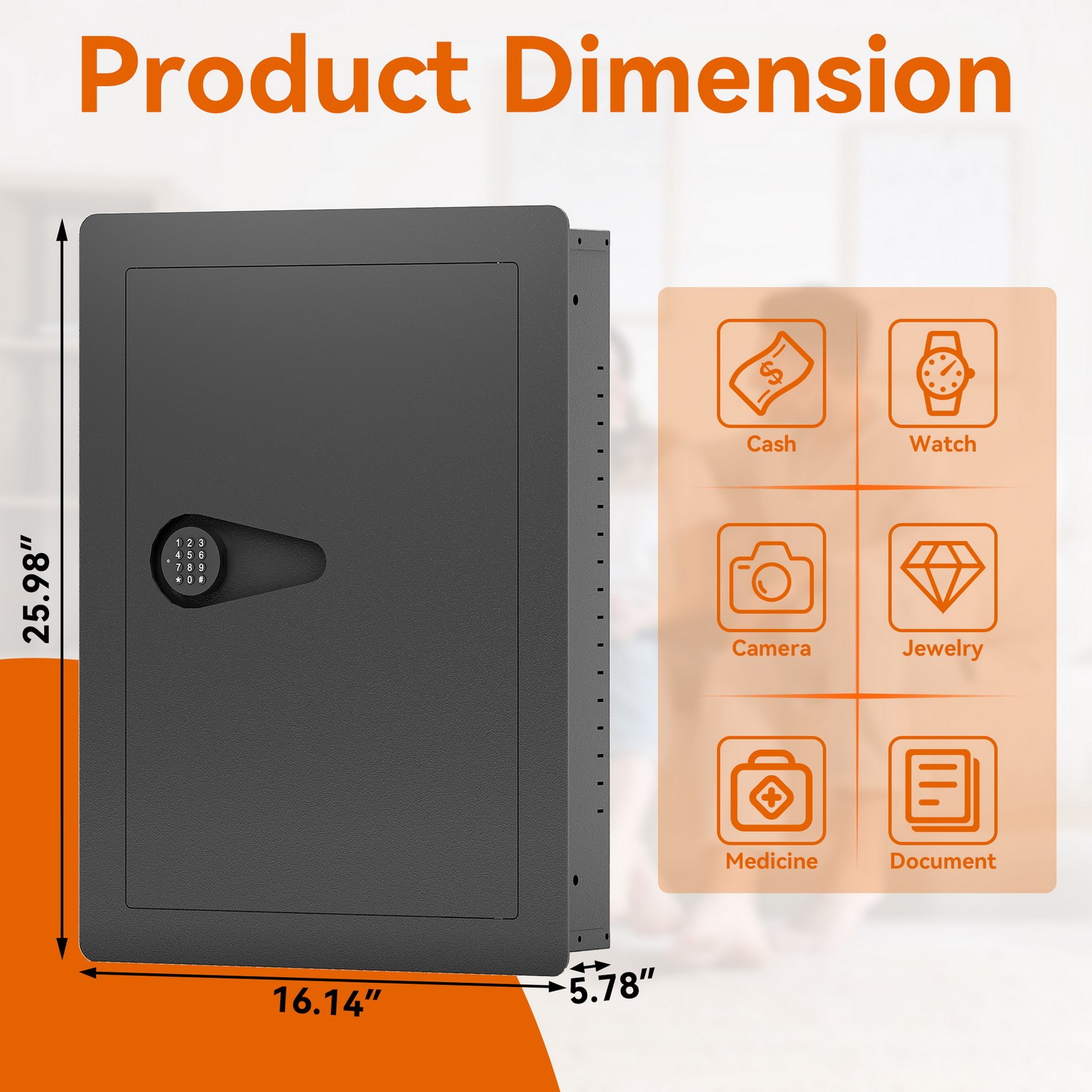 Wall Hidden Digital Keypad Flat Safe Box Fireproof Firearm Valuables Documents