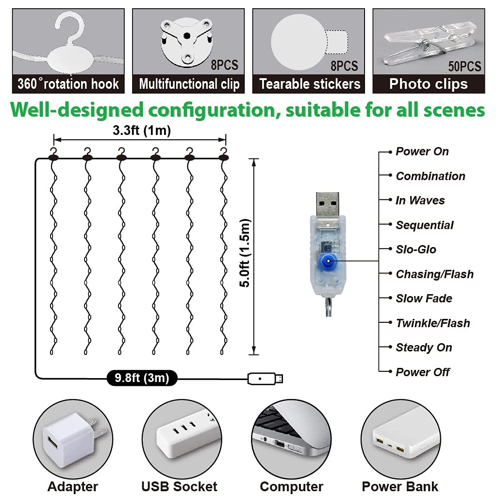 3.3—5ft Short Curtain Lights With 8 Hook For Small Windows 96 Led Warm White Pho