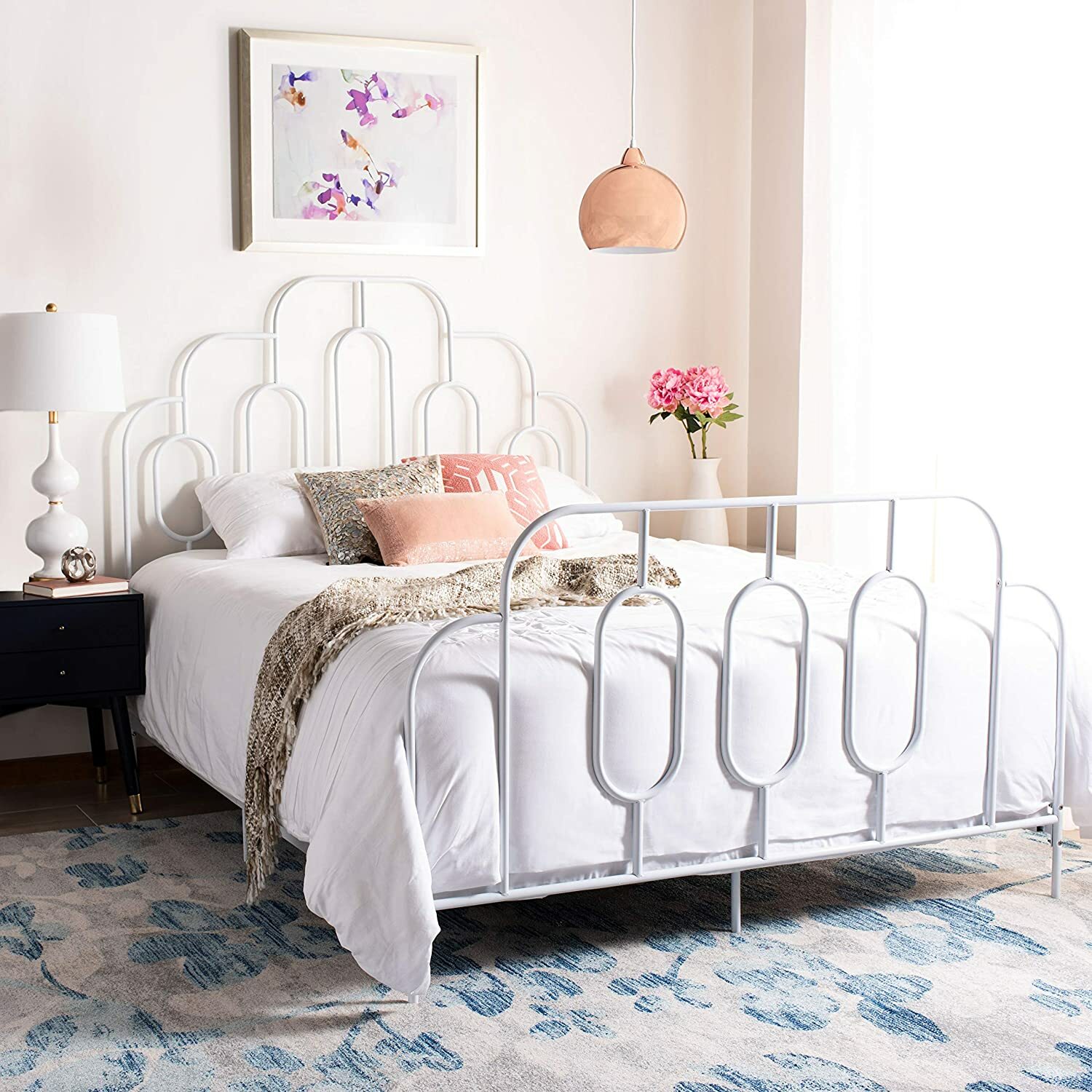 White Finish Retro Metal Platform Bed Frame Full Queen Size Headboard Footboard