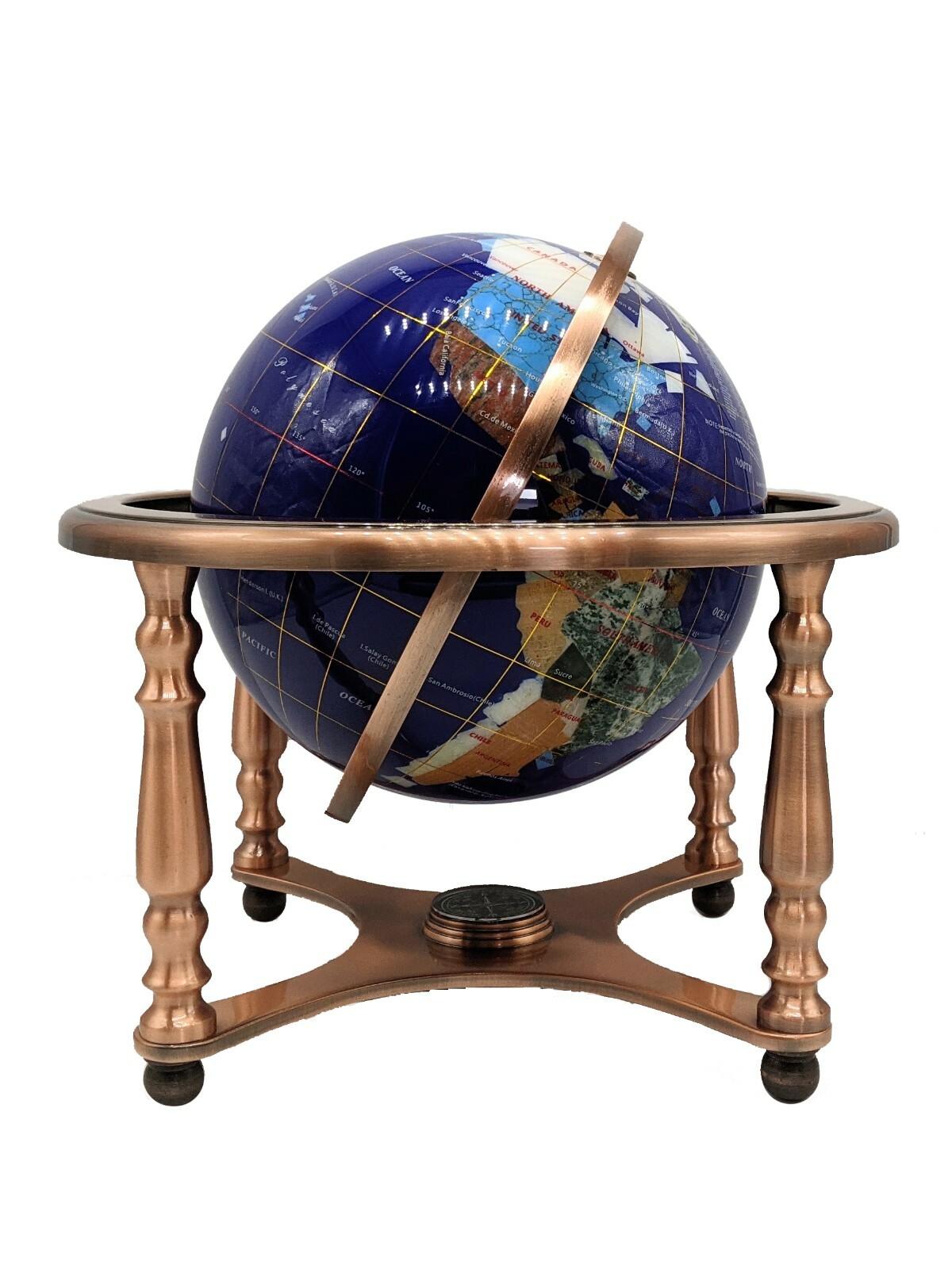 13" Tall Blue Ocean 4- leg Copper table stand Gem Gemstone World globe