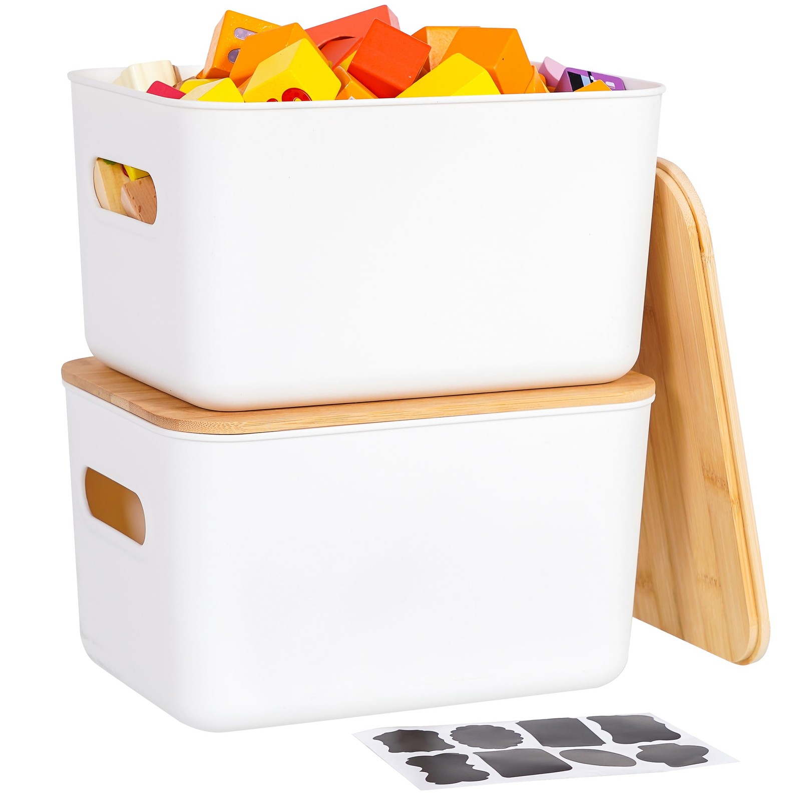 Storage Bins with Bamboo Lids 7QT Plastic Storage Containers Stackable Organi...