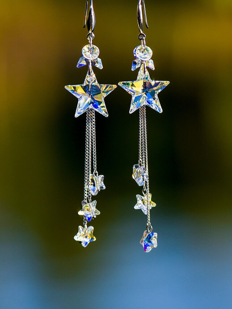 925 Silver Plated Zircon Star Earrings Ear Stud Drop Dangle Jewelry Simulated