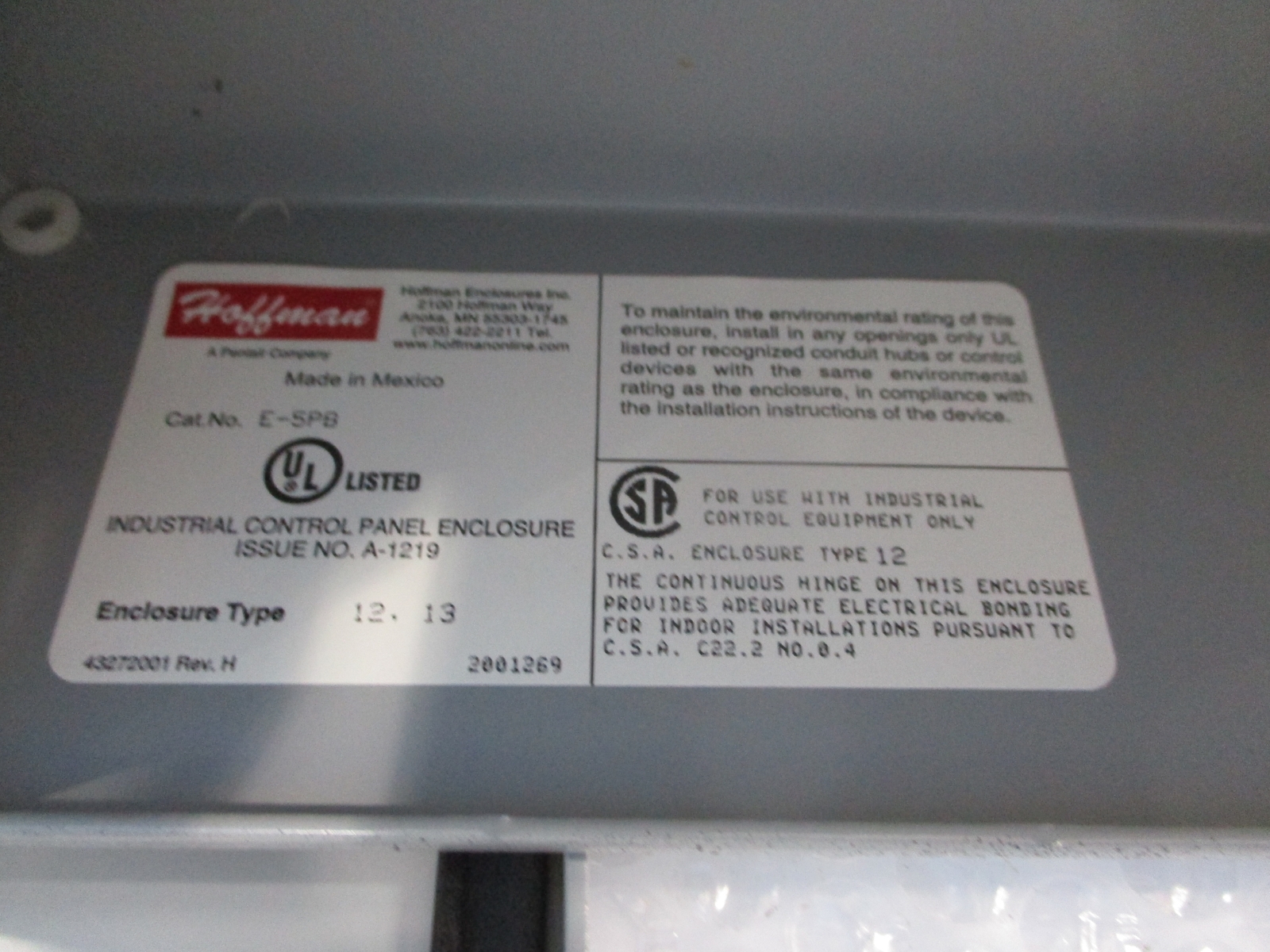 HOFFMAN E-5PB ENCLOSURE NSNP
