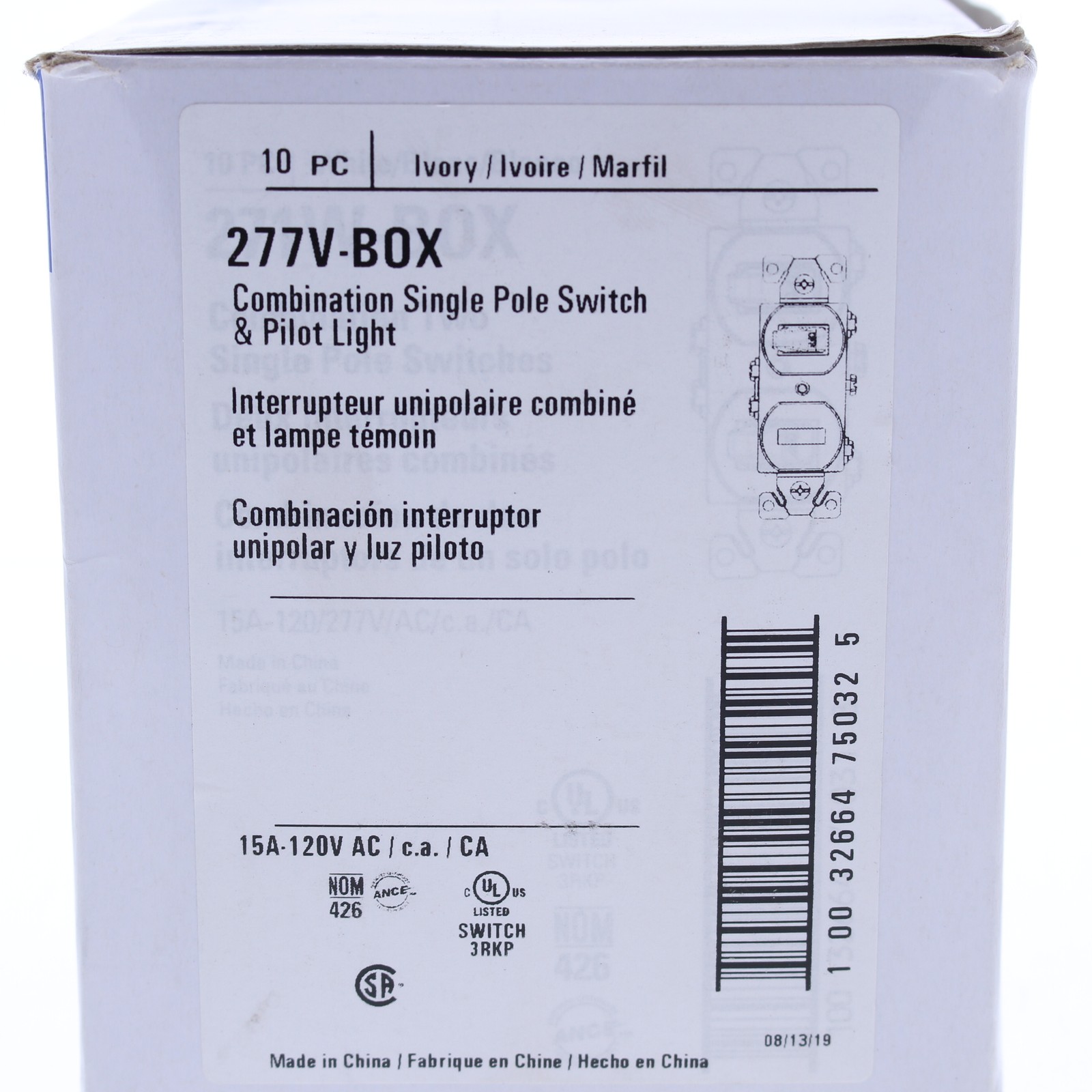 Eaton #277V Ivory #277V Pilot Light Toggle Wall Switch Single Pole 15A 120V 10pc