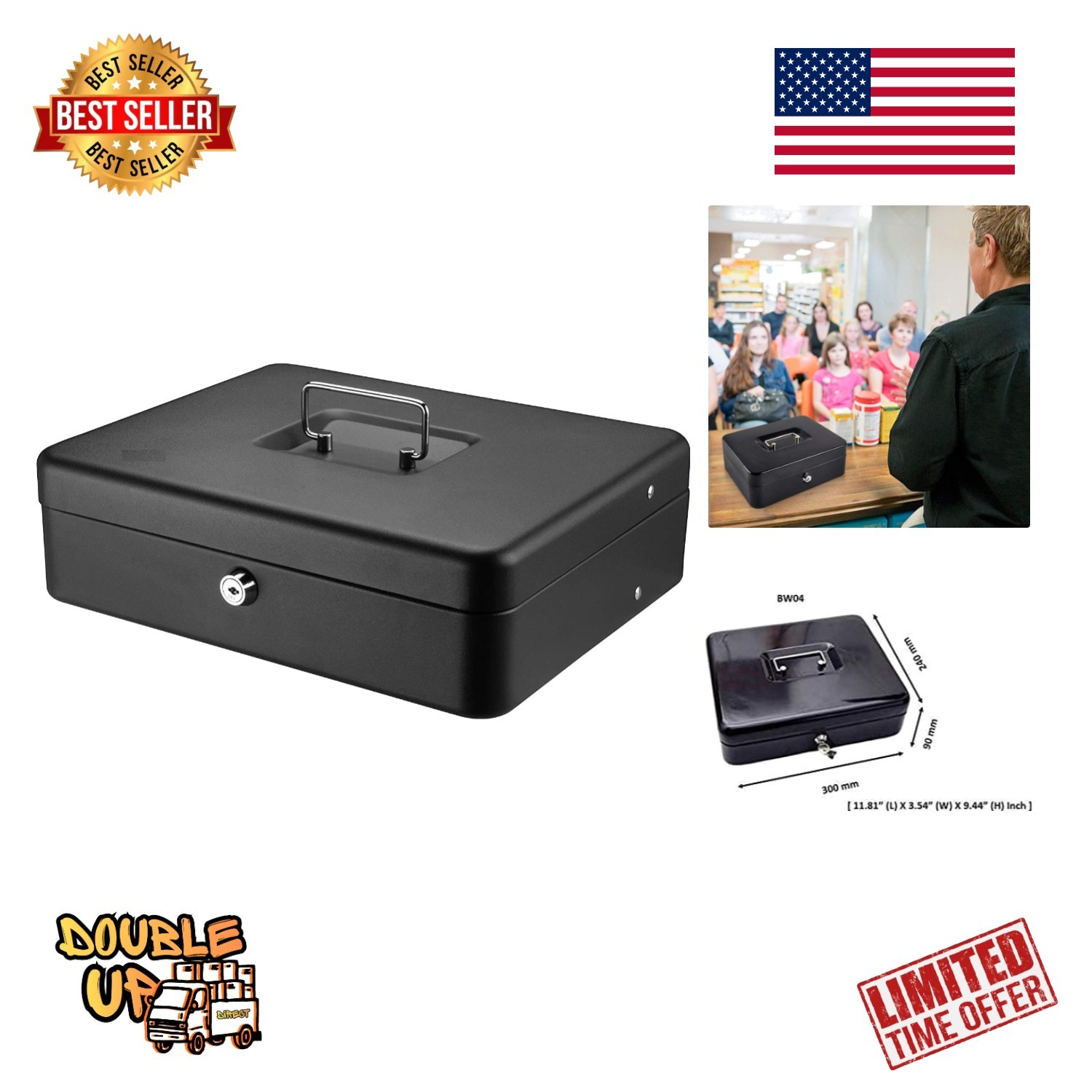 Elegant Black Money Saving Box with Key Lock & Removable Cash Tray, 0.21 ft³