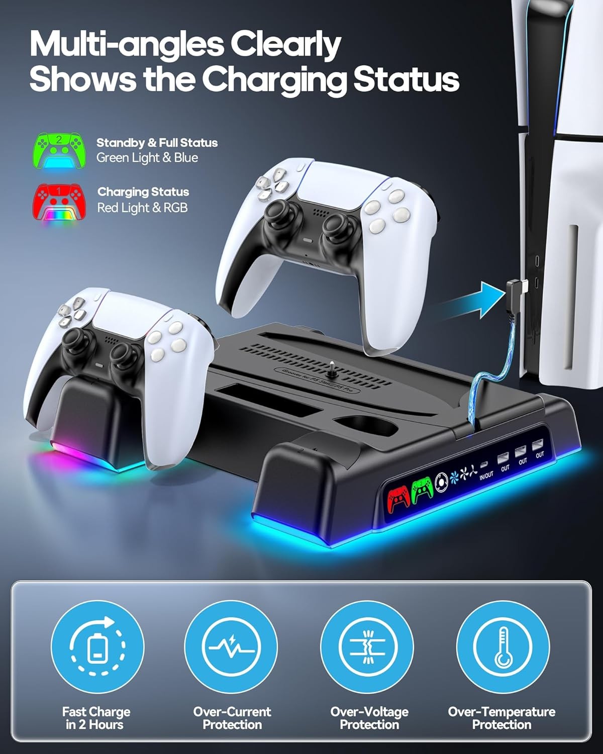 PS5/Slim/Pro Stand and Cooling Station with LED Controller Charging Station
