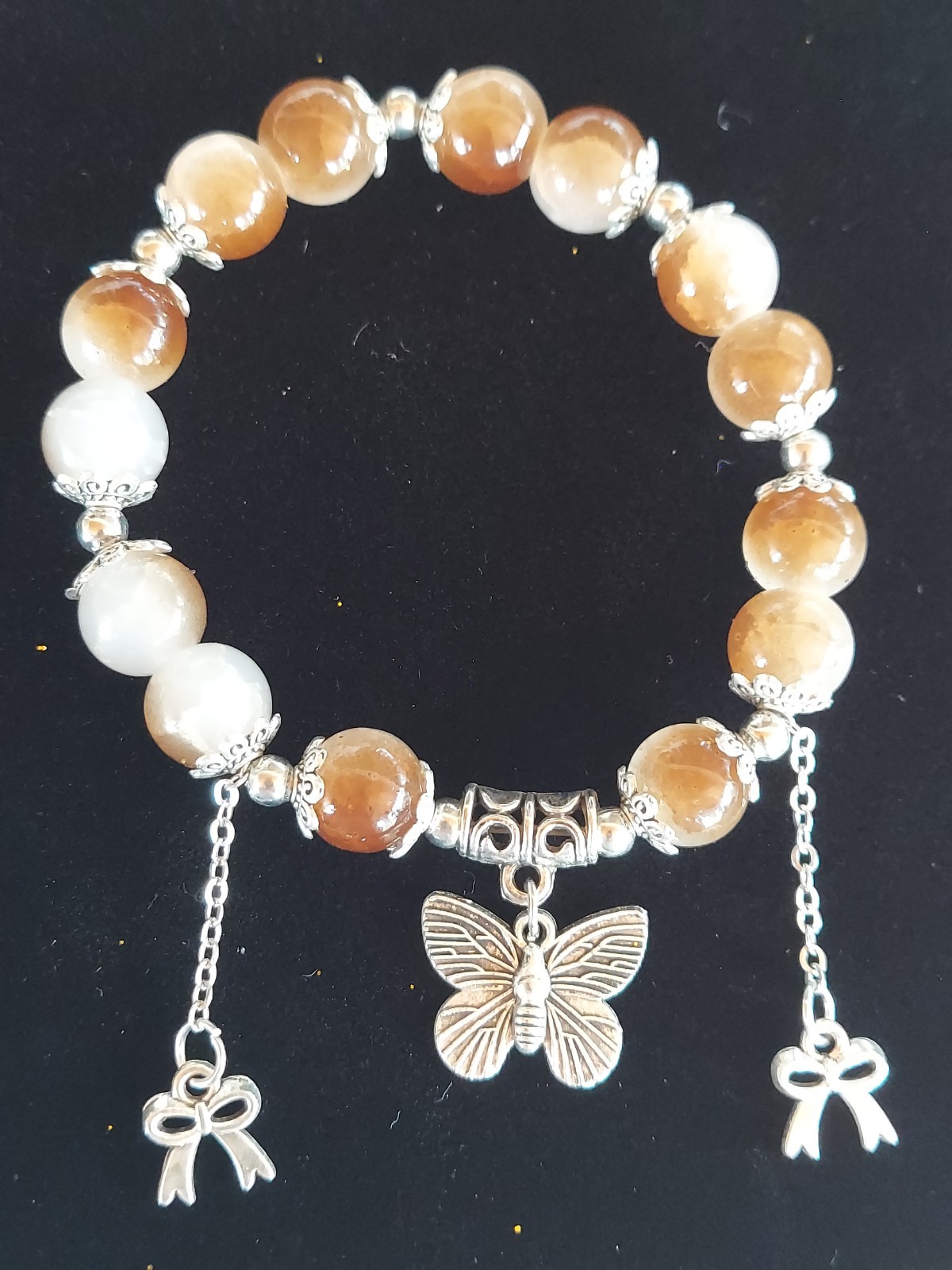 Handcrafted Natural Stone & Silver Plated Butterfly/Bows Charms Beaded Bracelets