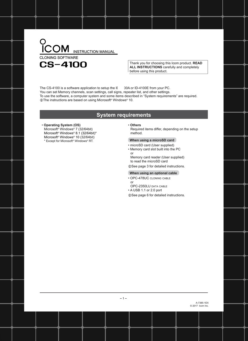 Icom CS-4100 — INSTRUCTION MANUAL User Guide How-To — 11 Pages — USA Made