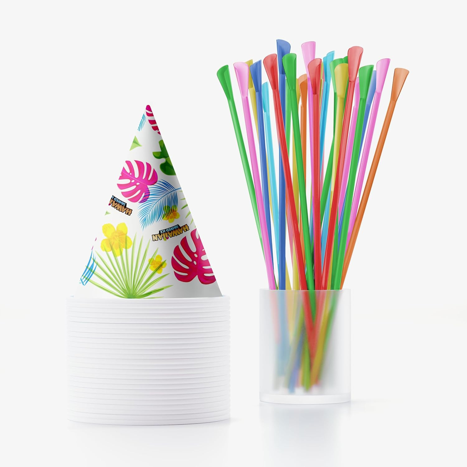 Cups and Straws Set: 25 - 6Oz. Durable Waxed Paper Snow Cone Cups plus 25 Plasti