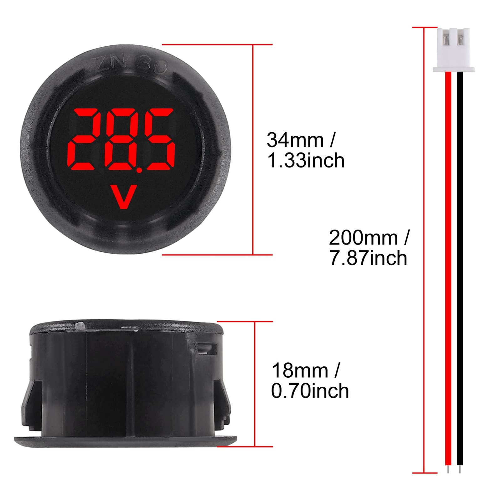 DWEII 5PCS DC 4-100V LED Digital Display Circular Two-Wire Voltmeter Red