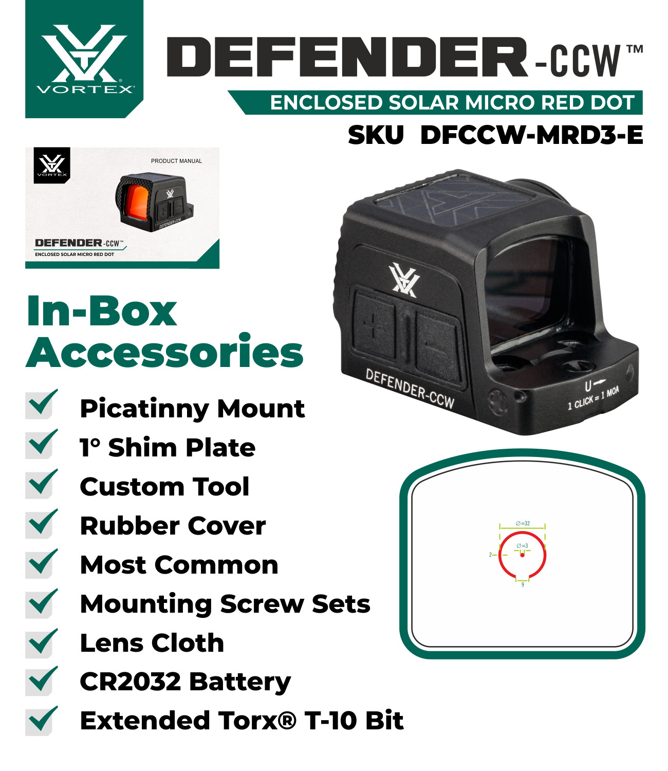Vortex Optics Defender-CCW Enclosed Solar 3 MOA Dot/32 MOA Circle Micro Red Dot