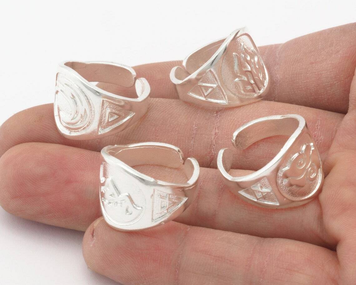 Four Elements Symbol Embossment Ring Adjustable Shiny silver Brass (6-10US)4671