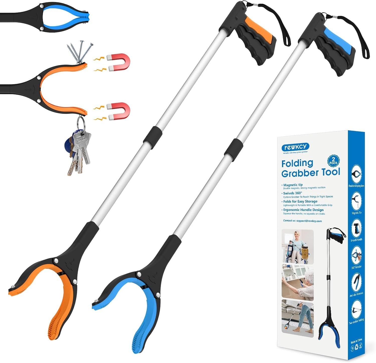 34" Grabber Reacher Tool Set, 2-Pack Foldable Long Reach Pickup Tool 360°