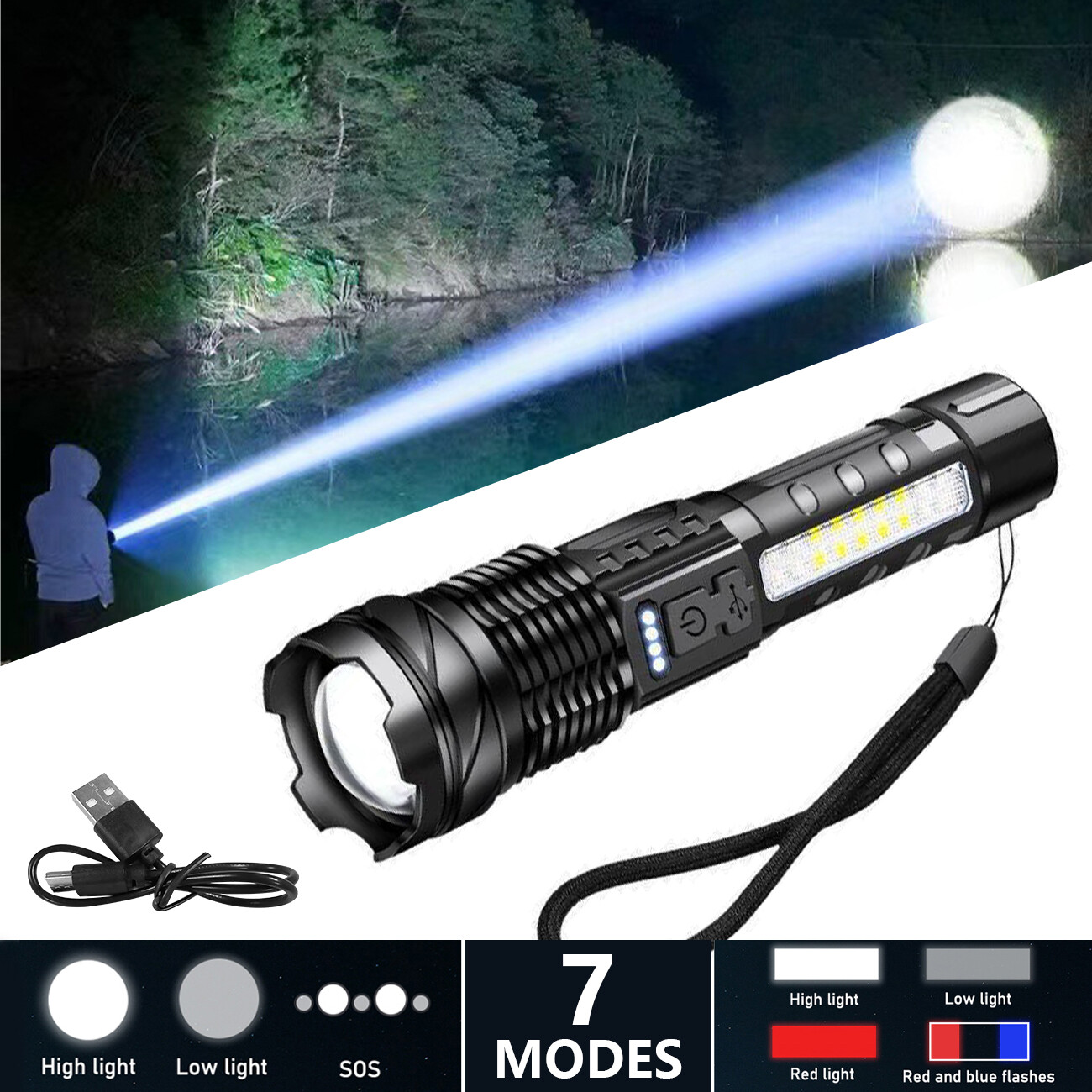 Rechargeable LED Flashlight Tactical Super Bright Torch Light 3 Lighting Color