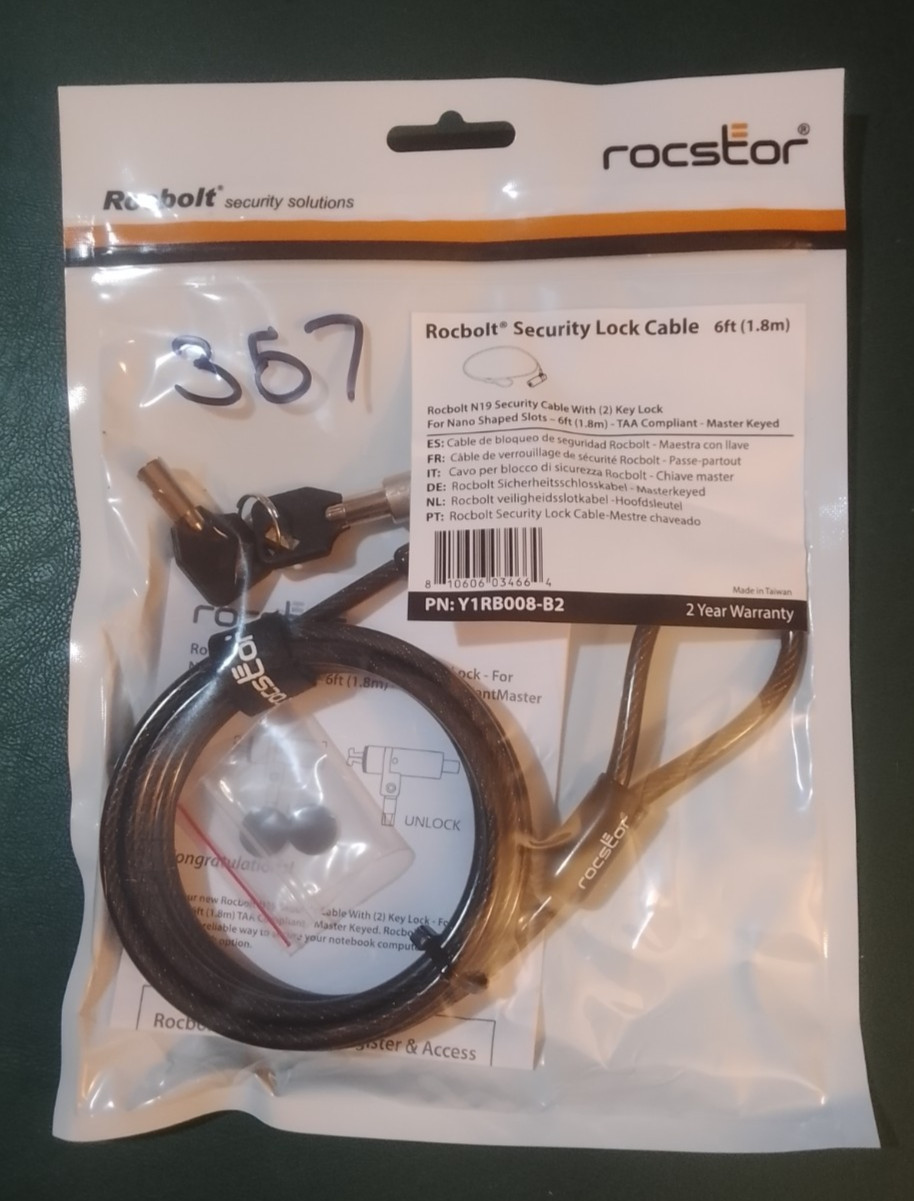 Rocbolt N19 Security Cable with (2) Key Lock - 6 ft - TAA compliant