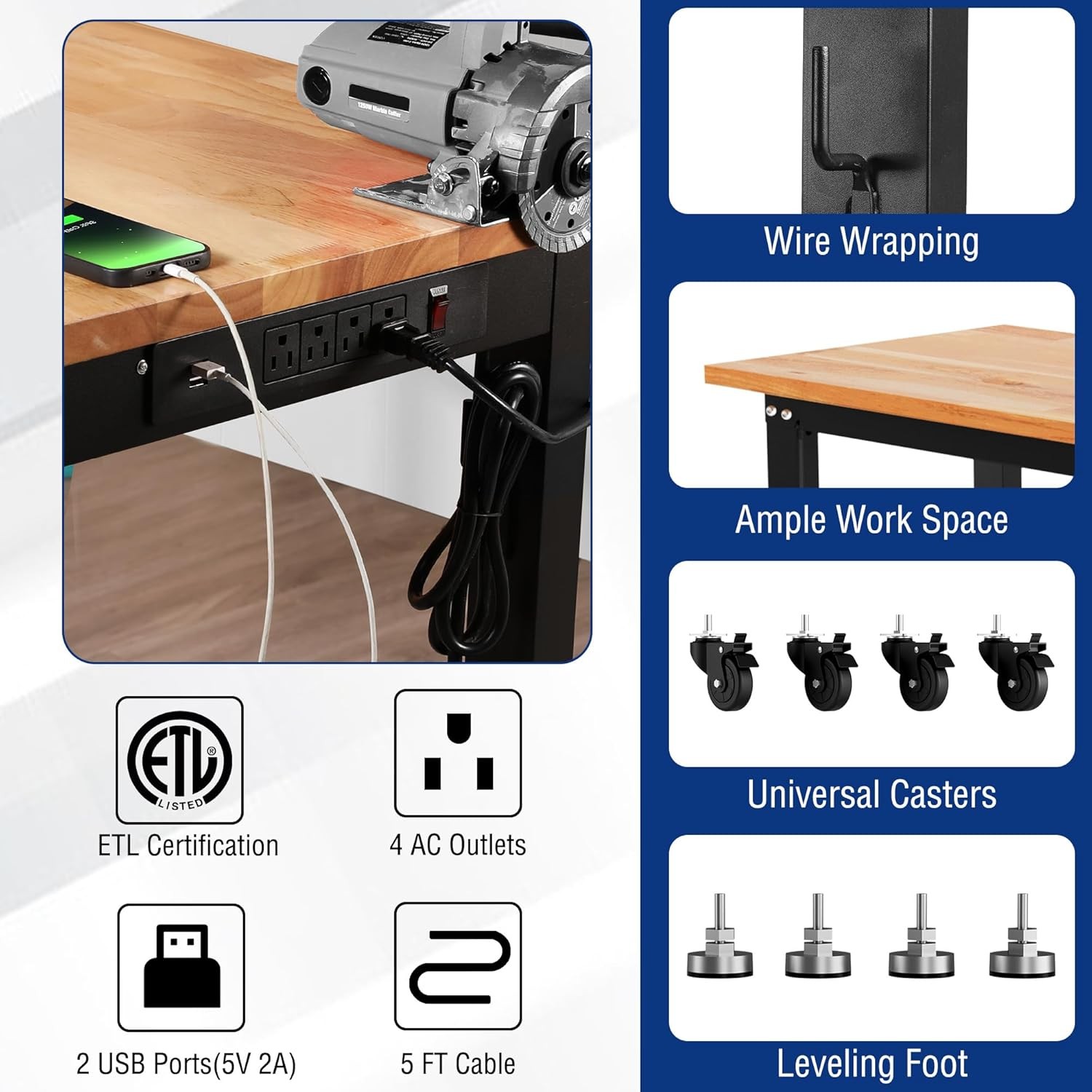 WORKPRO 48"X22" Adjustable Workbench Wheel Leveling Foot Rubber Wood Top Outlets