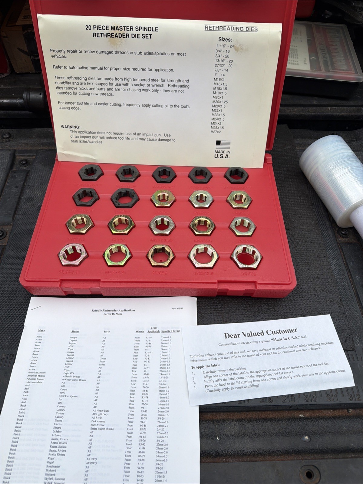 Craftsman 43370 20 Pc Master Spindle Rethreader Die Set USA SAE Metric Auto Nos
