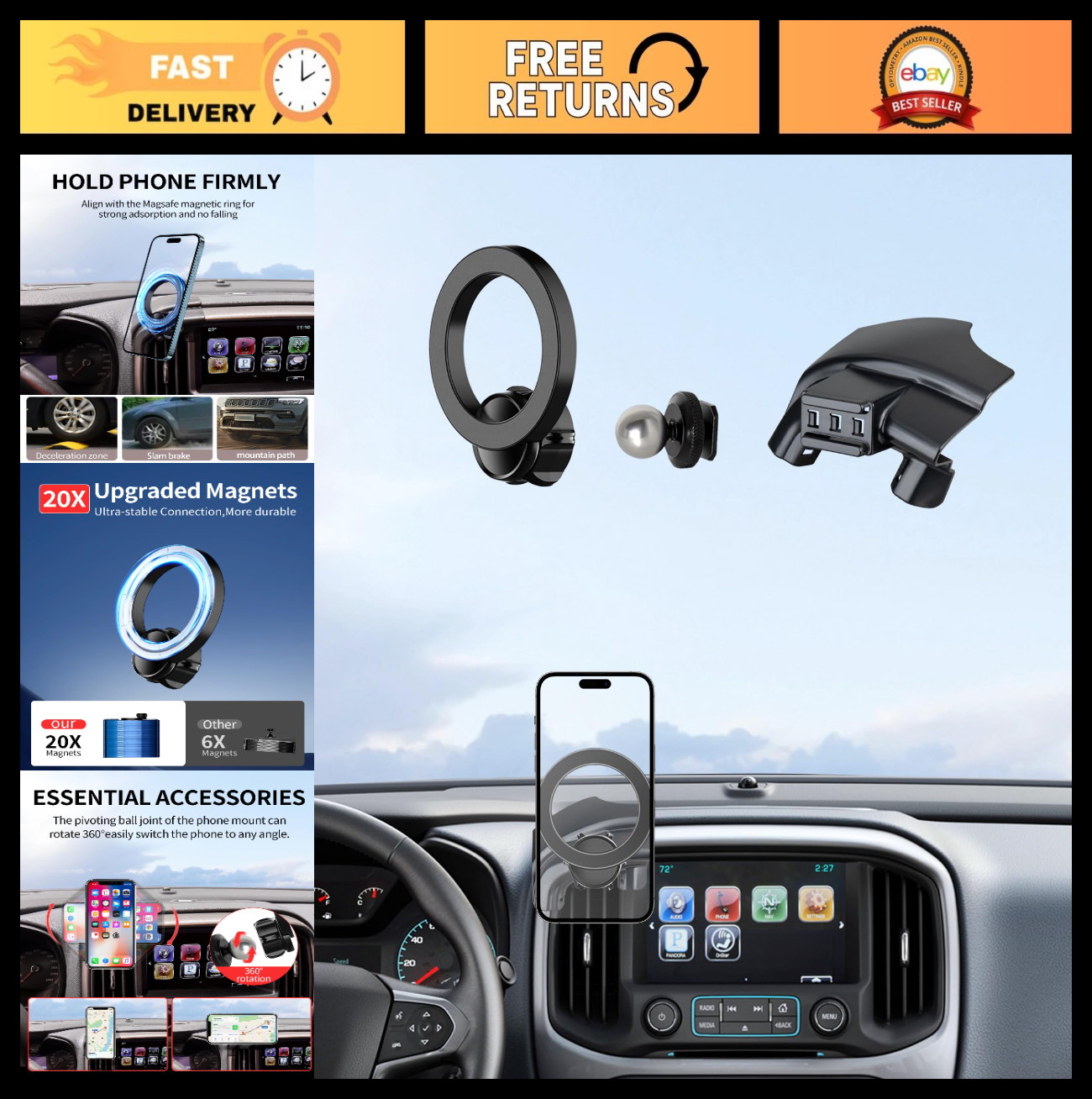 360° Rotation Car Phone Holder for Chevrolet Colorado 2015-2022, MagSafe Compati