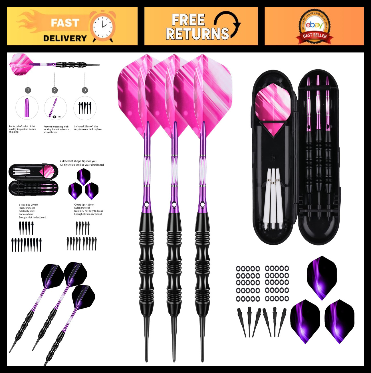 Professional Soft Tip Darts Set - 20g Darts, 50 O-Rings, 30 Tips, Aluminum Shaft