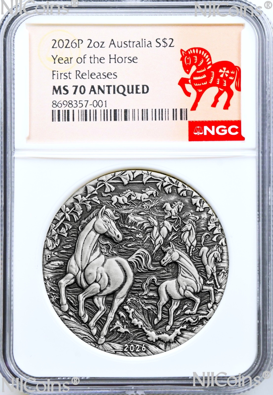 2026 Australia Antiqued LUNAR Year of the HORSE 2oz $2 Silver Coin NGC MS70 FR