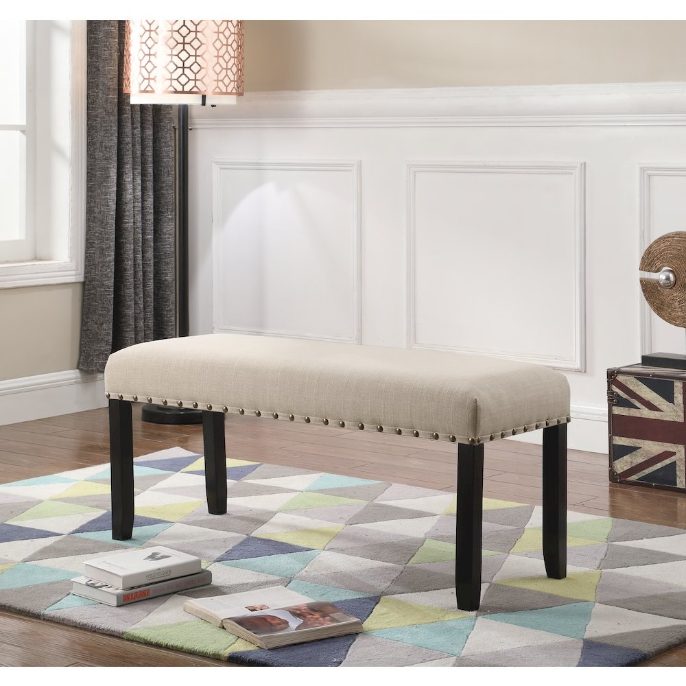 Biony Tan Fabric Dining Bench with Nailhead Trim