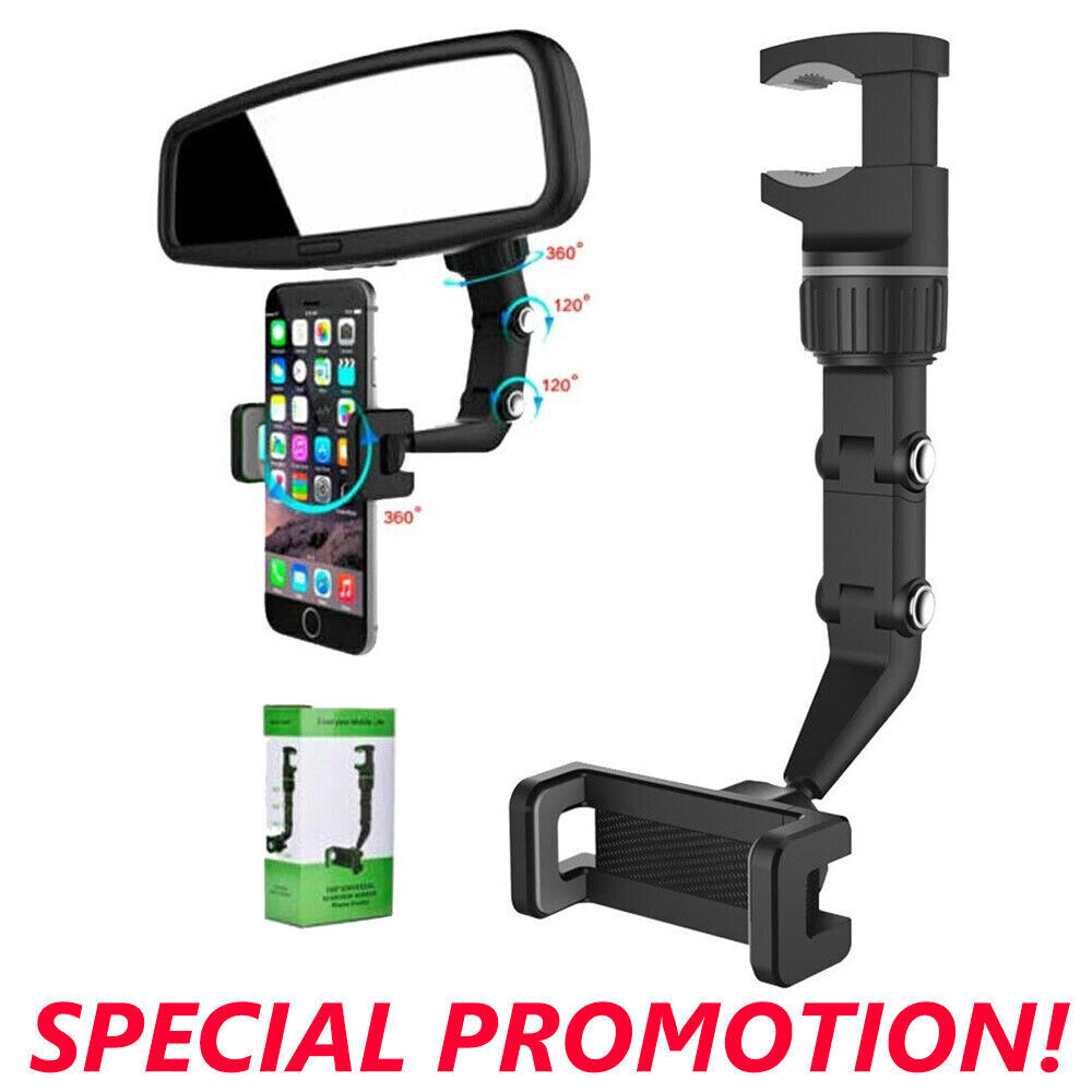 360° Car Rearview Mirror Rotation Adjustable Phone Holder Mount Multifunction