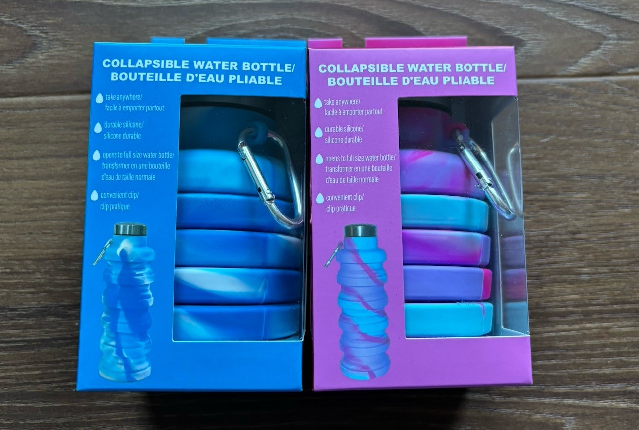 Lot of 2 collapsible silicone water bottles with attached carabiners-New in box