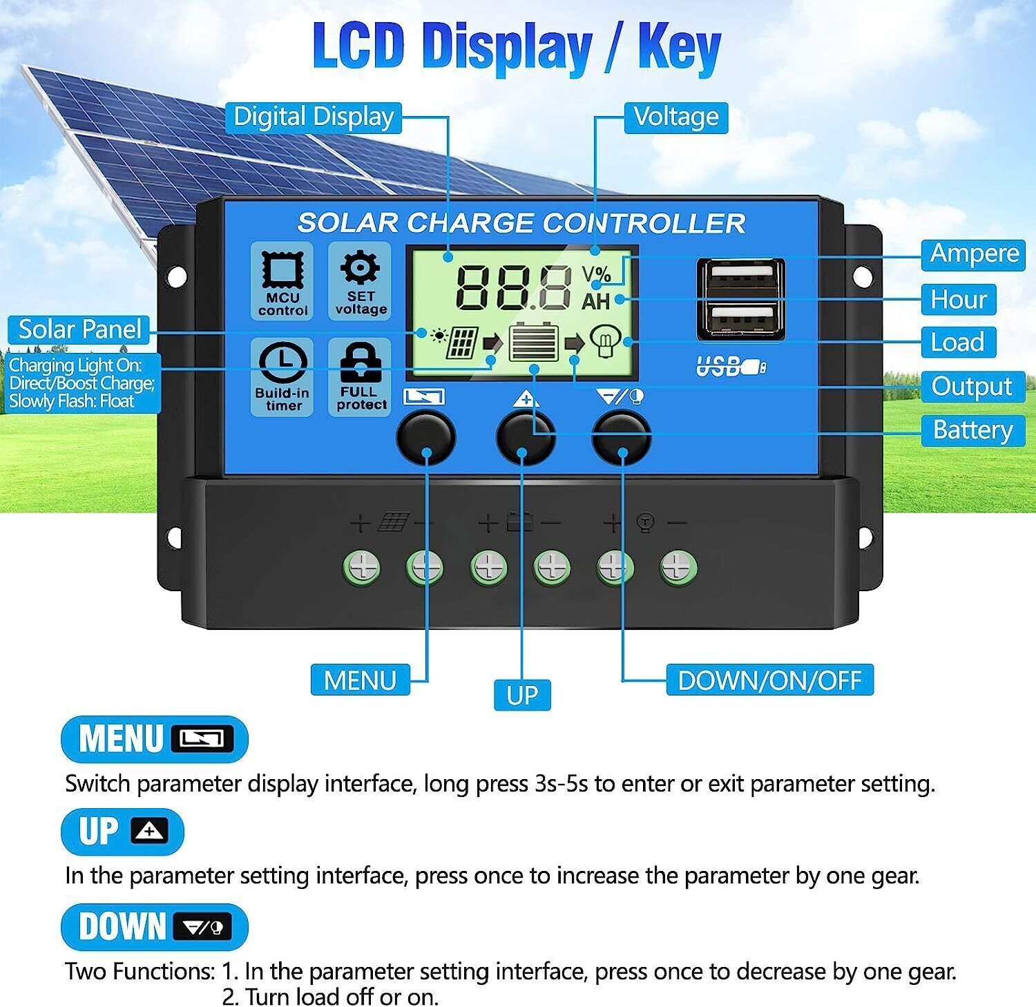 30A PWM Solar Panel Charge Controller 12/24V Auto LCD Display Dual USB Timer Set