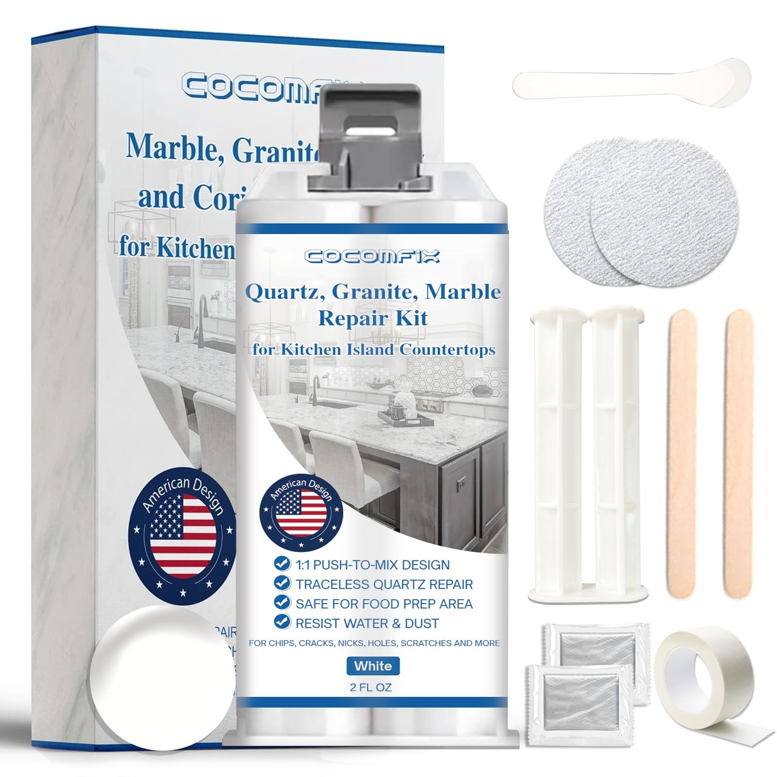 Quartz Countertop Repair Kit(White), Quick-Drying, Permanent Fix for Edge Chi...