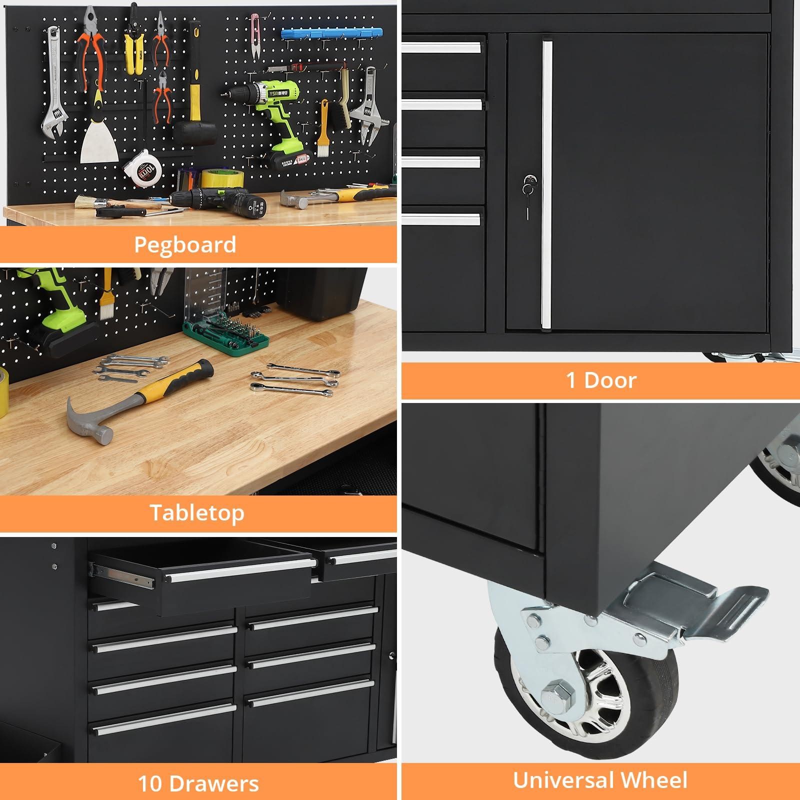 Workbench Rolling Tool Chest Heavy Duty Work Table with 10 Drawers and Pegboard