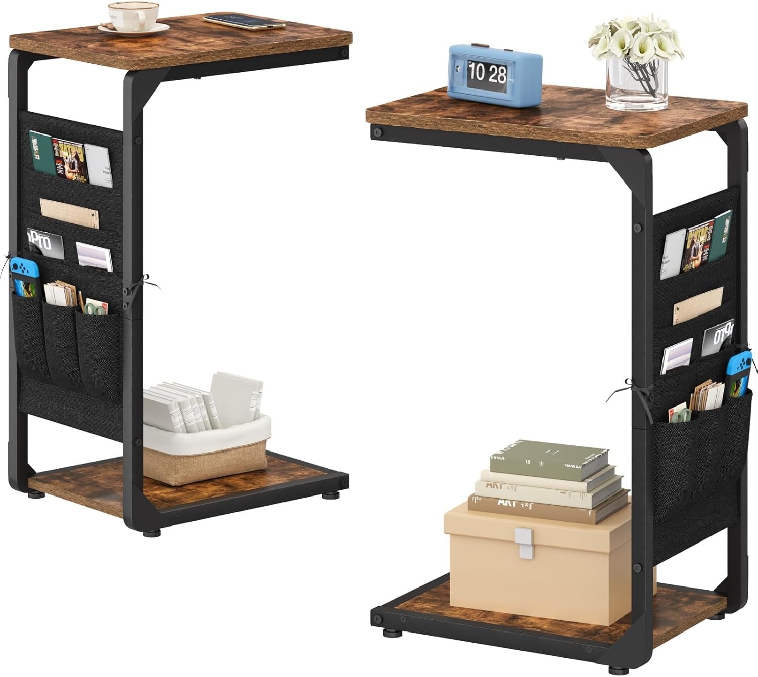Narrow C-Shaped End Table W/ Storage Bag Small Couch Side Table Sofa TV Tray