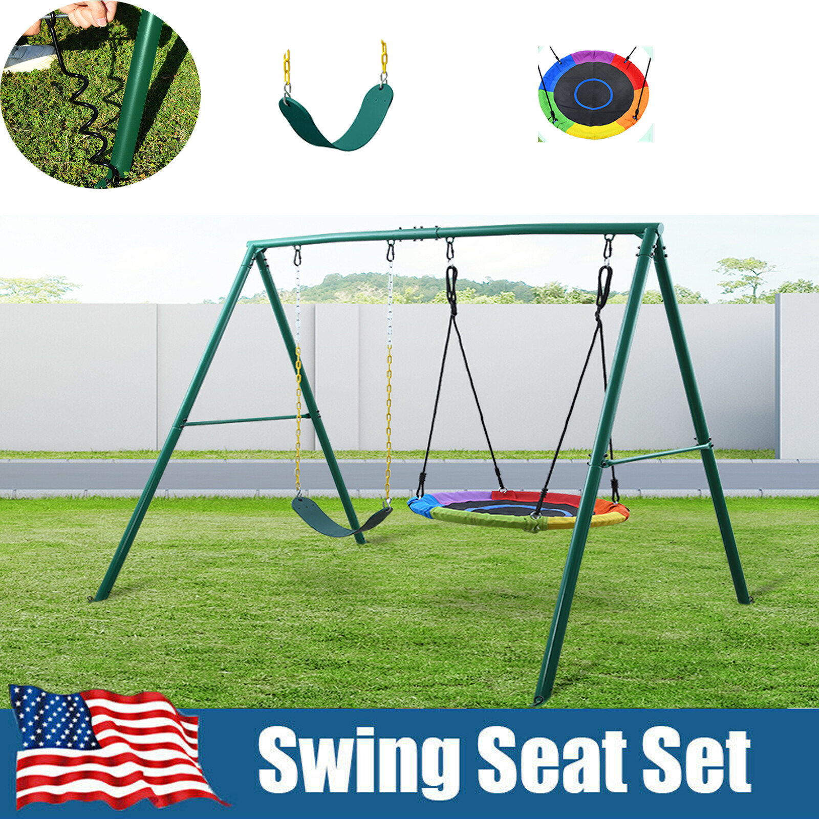 Trekassy 440lbs 2 Seat Metal Swing Set with Heavy Duty A-Frame Metal Swing Stand