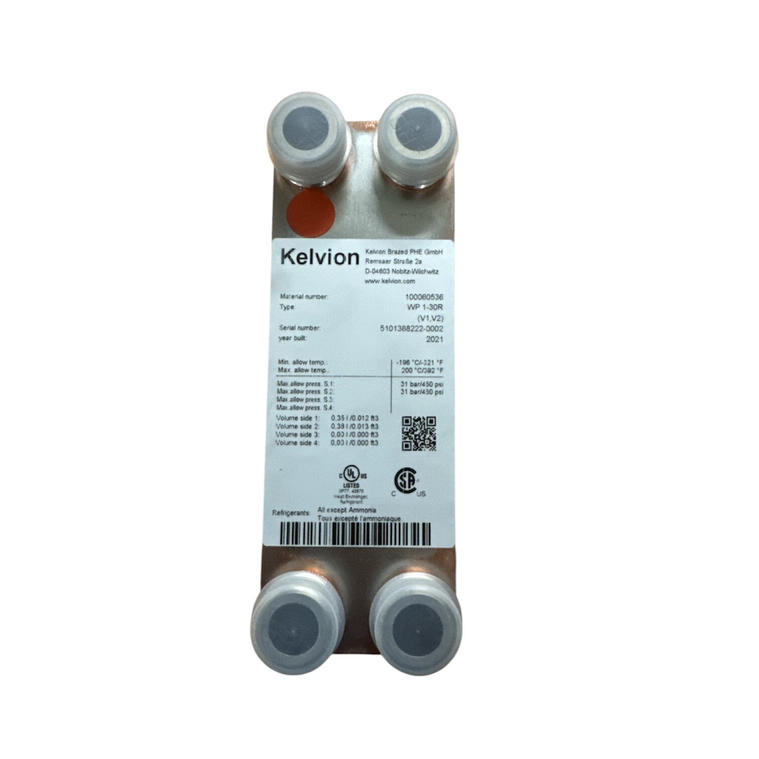 KELVION WP1-30R 1000060536 30 PLATE BRAZED PLATE HEAT EXCHANGER