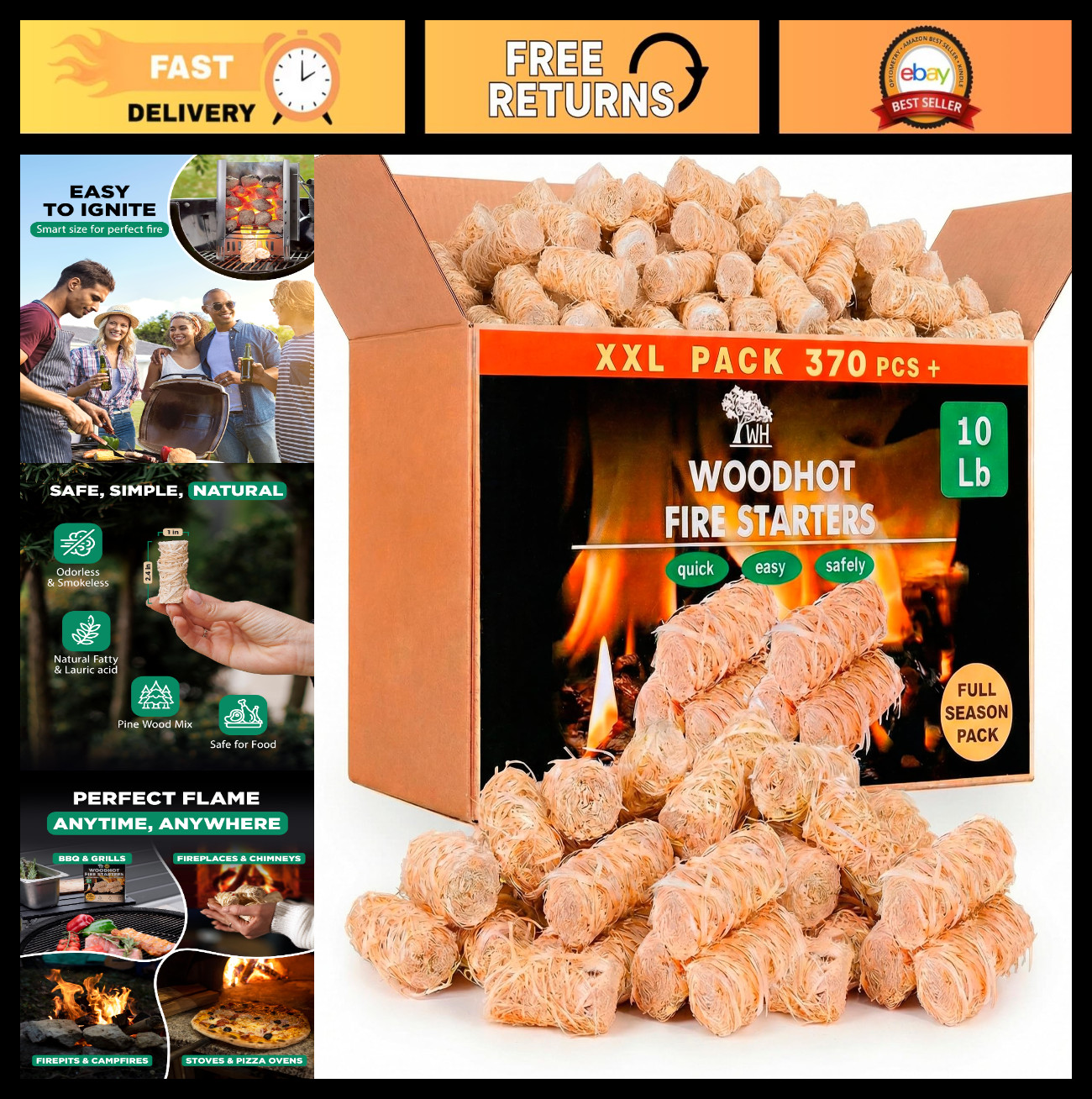 370 Pcs Natural Fire Starters - Quick Ignite, Long-Burning Charcoal Starters for