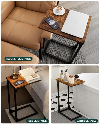 C-Shaped Side Table for Couch - Small 1-Pack Rustic Brown Without Power Outlets