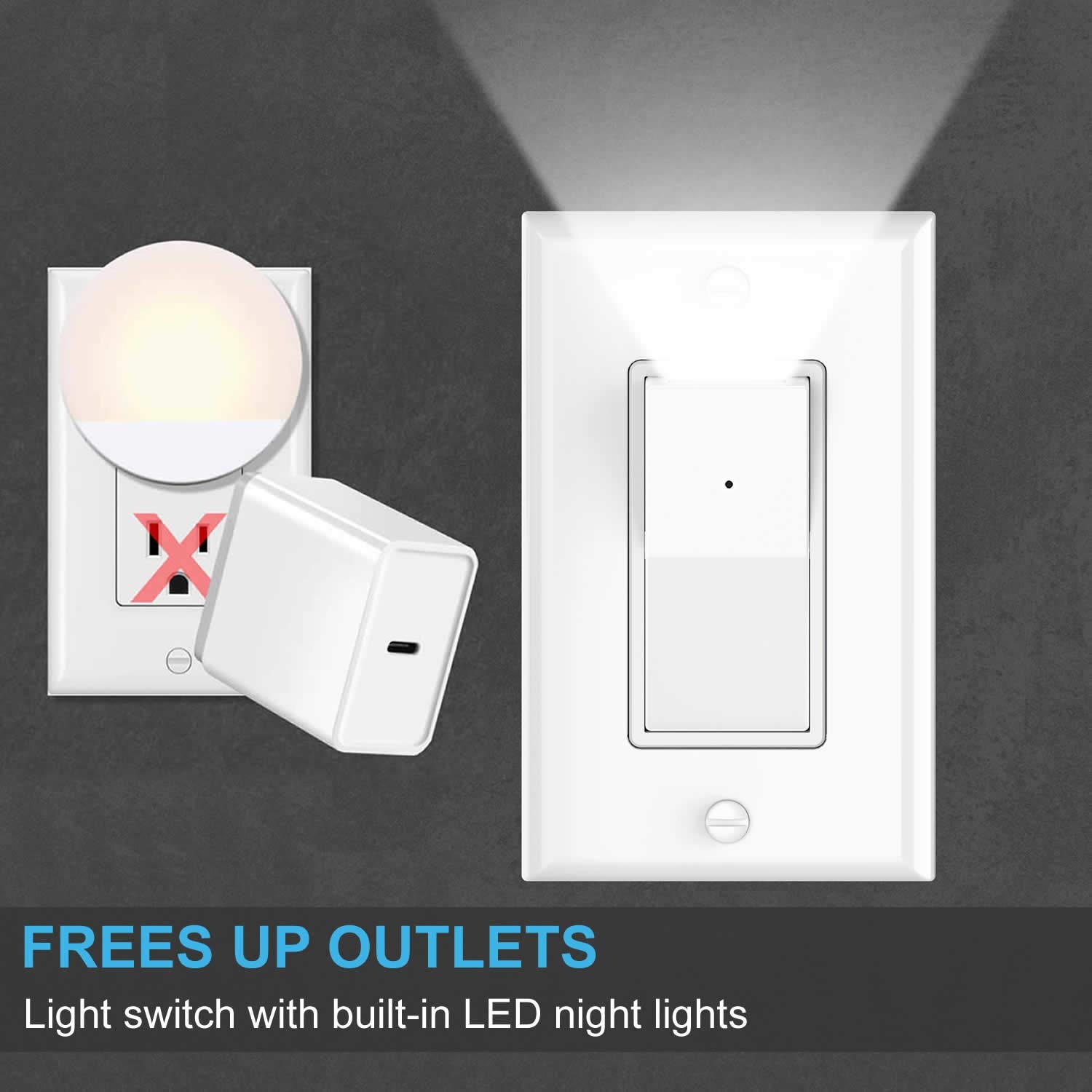2 Pack Illuminated Light Switch,Paddle Rocker Wall Switch with LED Night Light